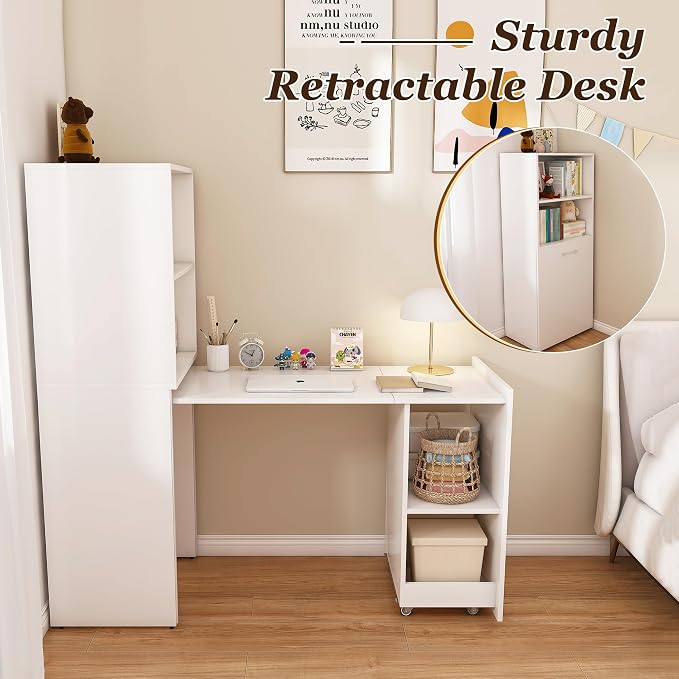 Folding Out Desk with Storage Shelves, Expandable Hidden Computer Desk, Foldable Space-Saving Pull Out Murphy Table, Writing Table with Mobile Wheels for Home Office Bedroom Small Spaces (White)