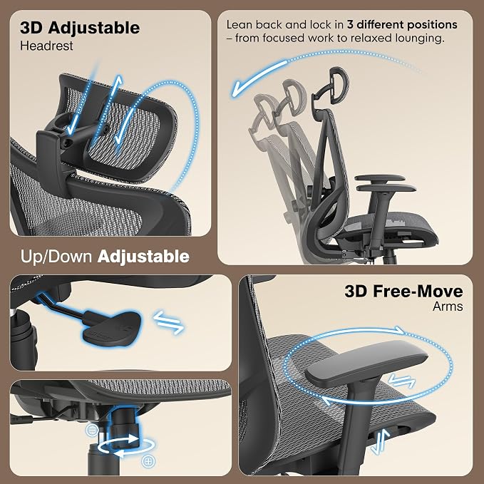 ELABEST T23 Ergonomic Mesh Office Chair, High Back Computer Desk Chair, Breathable AirMesh with Dual-Move Lumbar Support, 3D Armrests & Headrest, Tilt Lock,Big and Tall for Home Office(Graphite)