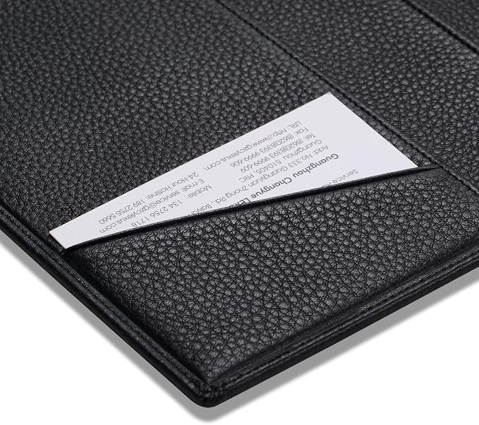 HISCOW Slim Leather Junior Padfolio, 5x8 Notepad Cover, Pebbled Black | Full-grain tumbled cowhide, top-loading legal pad holder, rigid pen loop, quick-access card slot, zipperless boardroom design