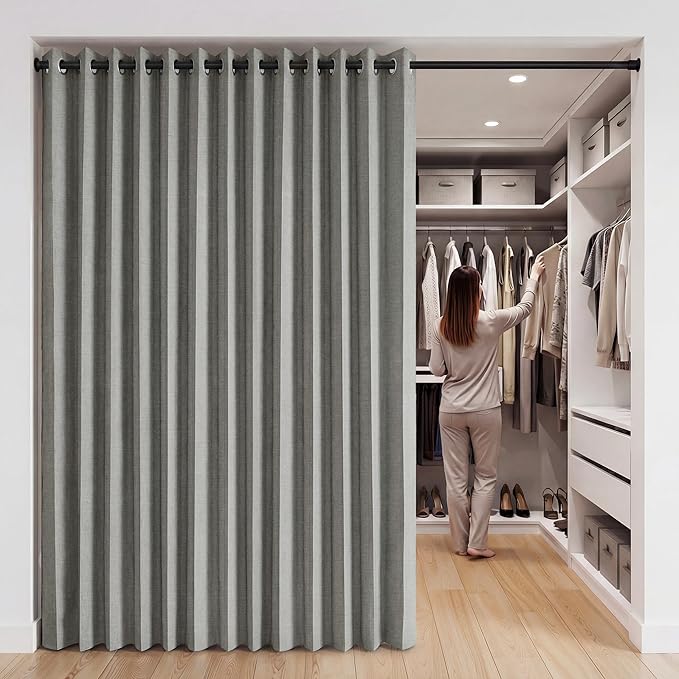 RYB HOME Accordion Style Room Divider Curtain-100% Blackout Folding Accordion Curtain for Sliding Glass Door/Bedroom, Privacy Assurd Living Room/Office Drape 1 Panel with Tieback, W100 x L108, Grey