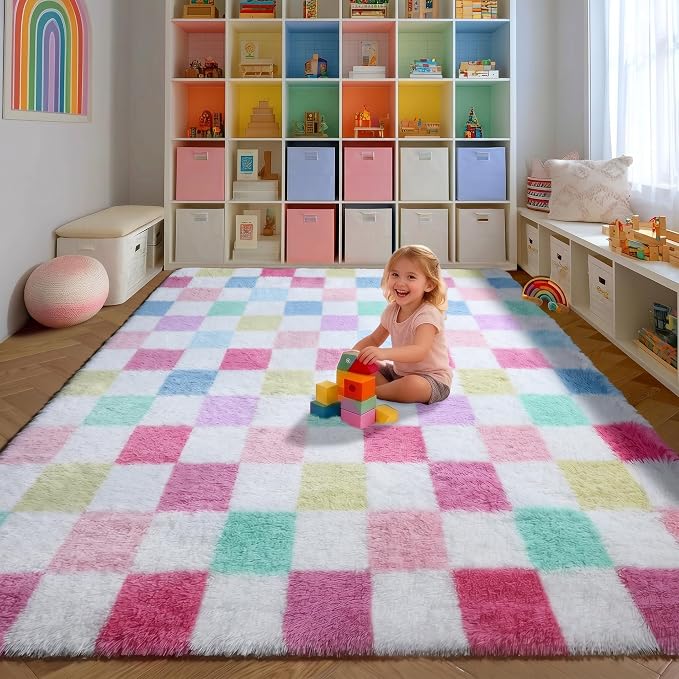 KICMOR Checkered Rug 8x10 for Living Room, Rainbow Colorful Fluffy Soft Large Area Rug Fuzzy Shag Shaggy Bedroom Carpet, Cute Indoor Plush Rugs for Kids Girls Boys Dorm Nursery Home Decor Aesthetic