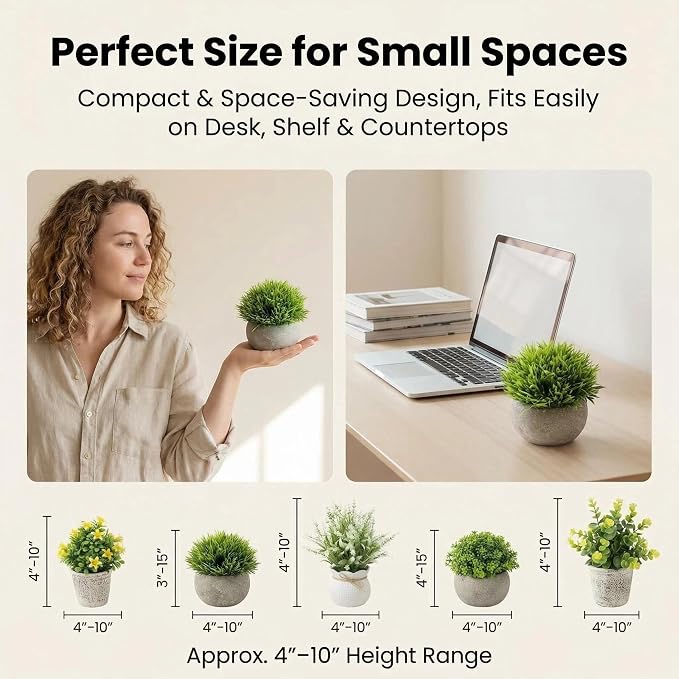 AUUGUU Small Artificial Potted Plants for Desk Decor, Mini Fake Plants for Bathroom, Office Desk Decor, Shelf Home Decor, Realistic Faux Greenery Indoor