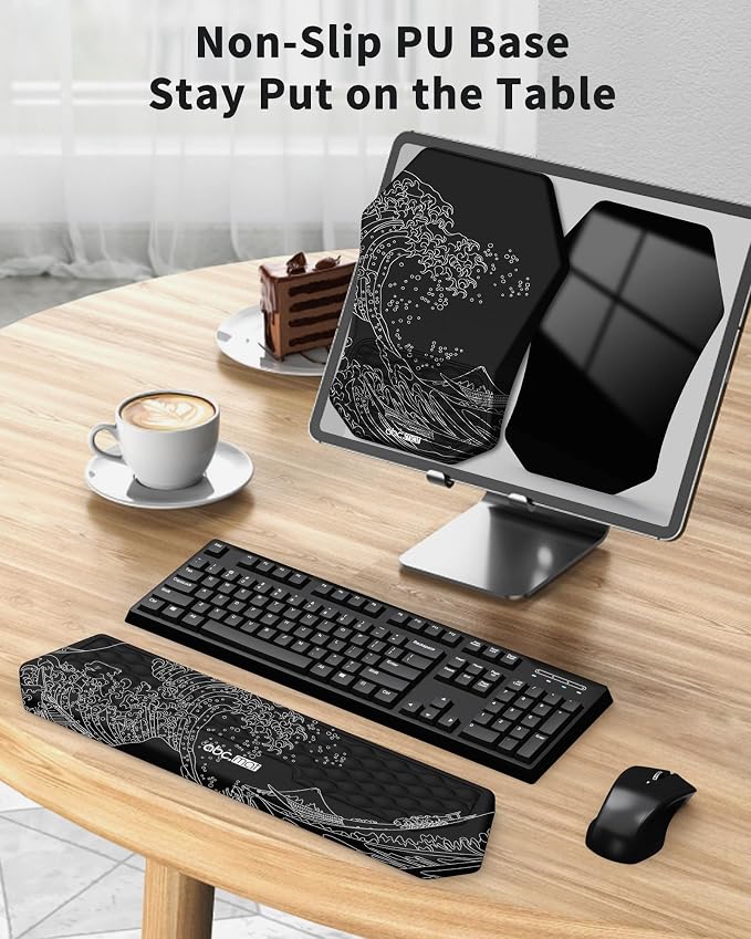 Ergonomic Mouse Pad and Keyboard Wrist Rest Support Set, Massage Design Mousepad for Carpal Tunnel Pain Relief, Memory Foam, Non-Slip PU Base for Computer Desk, Kanagawa Japanese Sea Wave