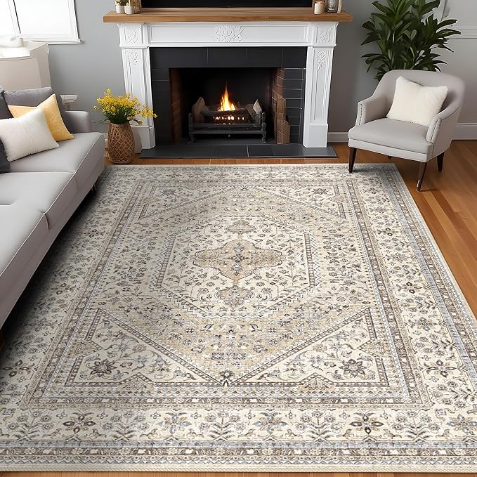 Puino 8x10 Washable Vintage Rug: Oriental Rugs for Living Room Non Slip Backing Stain Resistant Large Indoor Carpet for Bedroom Area Rug Dining Room Decor(Beige,8x10FT)