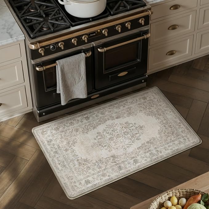 PureCozy Kitchen Mats 2PCS Anti Fatigue Cushioned Mat Beige Vintage Kitchen Mats for Floor Waterproof Non Slip Comfort Standing Medallion Floral Rug for Sink Laundry Office 17.3"x47"+17.3"x30"