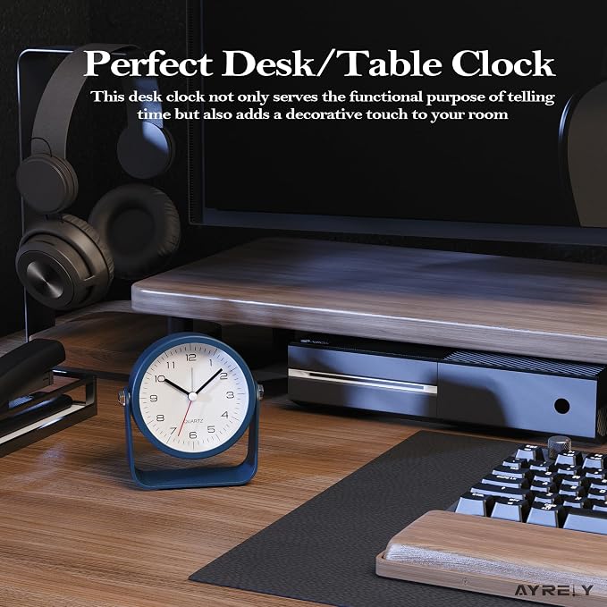 AYRELY® 3.5" Small Analog Travel Alarm Clock, Battery Operated Desk Clock | Cute Table Clock with Light, Adjustable Angle, Bedside, Bedrooms, Kids' Rooms and Living Room Decor (Navy Blue)