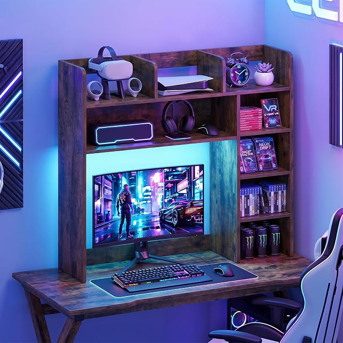 Tangkula Desktop Bookshelf with LED Lights, Desk Hutch with 8 Shelves for Max 25" Monitor, Desktop 5-Tier Display Rack, Multipurpose Wood Desktop Storage Hutch Organizer for Dorm Office Home