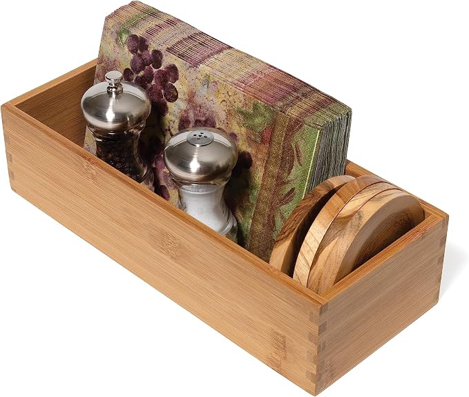Lipper International Bamboo Wood Utensil Holder Storage Box for Cooking Tools, Makeup, or Office Supplies, 5" x 12" x 3" (Pack of 6)