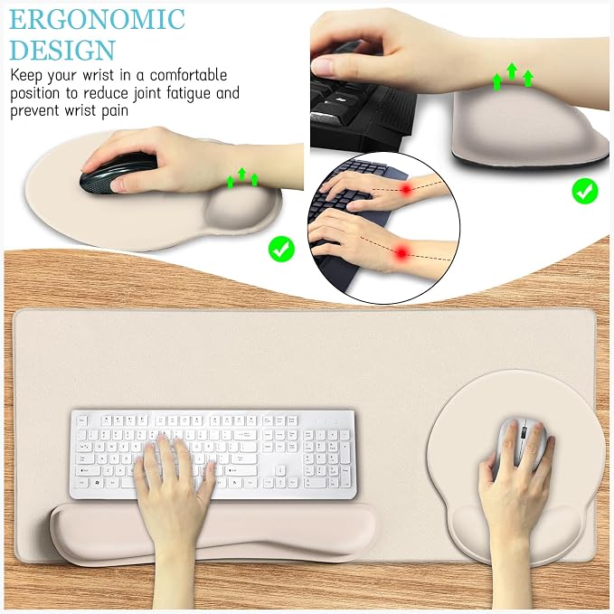 LIMKRIAN Beige Mouse Pad Set, Complete XXL Desk Mat with Ergonomic Keyboard Support & Coaster, Featuring Mouse Pad with Gel Wrist Rest for Pain Relief, Comfortable Home Office Gaming Accessories Gift