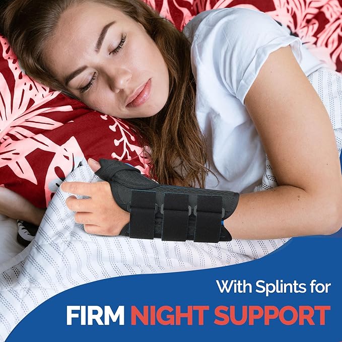 FEATOL Carpal Tunnel Wrist Brace Night Support, Thumb Spica Splint Left Hand for De Quervains Tenosynovitis, Tendonitis, Thumb Brace for Women Men, Black Blue, Small/Medium