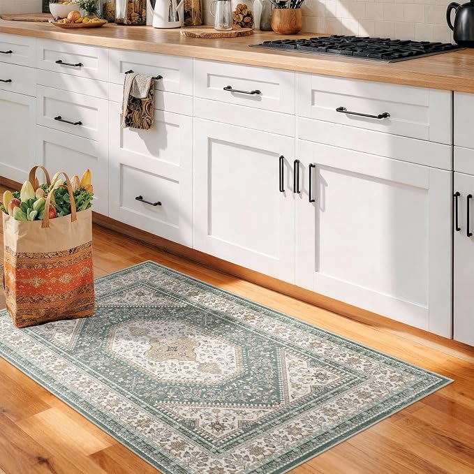 Washable 2x4 Runner Rug for Entryway: Non Slip Kitchen Rugs with Rubber Backing Soft Pet-Friendly Mats Stain Resistant Low Pile Carpet for Hallway Bedroom Bathroom Laundry Home Decor Green/Beige