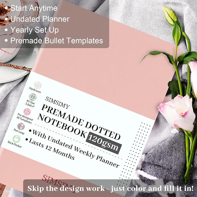 Premade Bullet Dotted Journal Notebook, Pre-made Dot Grid Journaling with Undated Weekly & Monthly Planner, Various Trackers - 12 Month Organization, A5 Hardcover Leather Planner Notebook with