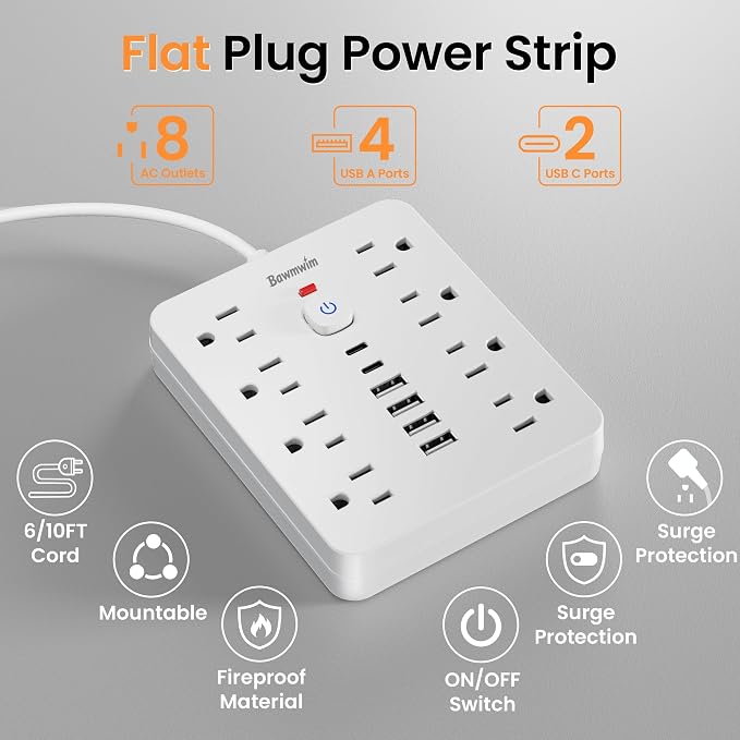 Surge Protector Power Strip - 8 Outlets(1850W/15A/14AWG) 4 USB A（2 USB C, 20FT Flat Plug Extension Cord, Wall Mount Multi Plug Outlet Extender, ETL Listed for Home, Dorm Room