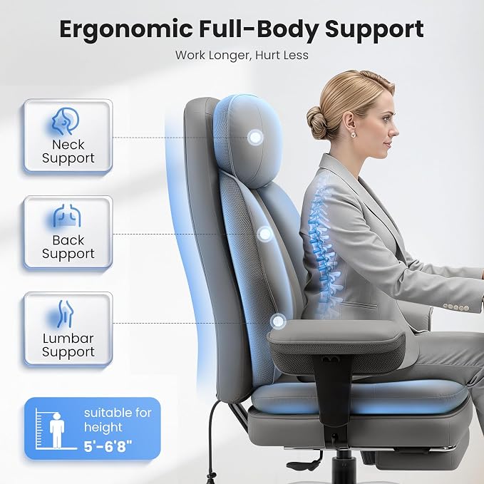 BestGlory Big and Tall Office Chair with Lumbar Support, Executive Leather Computer Desk Chair, Heavy Duty Comfortable Gaming Chair with Double Layer Cushion & Footrest for Home Office Gaming