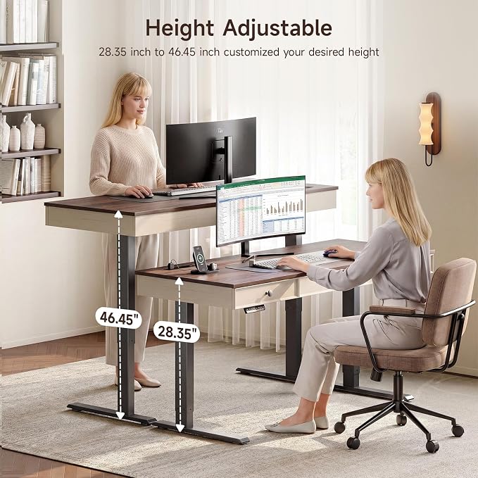 55 Inch Electric Standing Desk with 3 Drawers, Home Office Desk, Walnut | Computer Desks Retro Corner Table & Drawers, Height Adjustable Stand Up Desk with Storage & Outlets for Computer Workstation