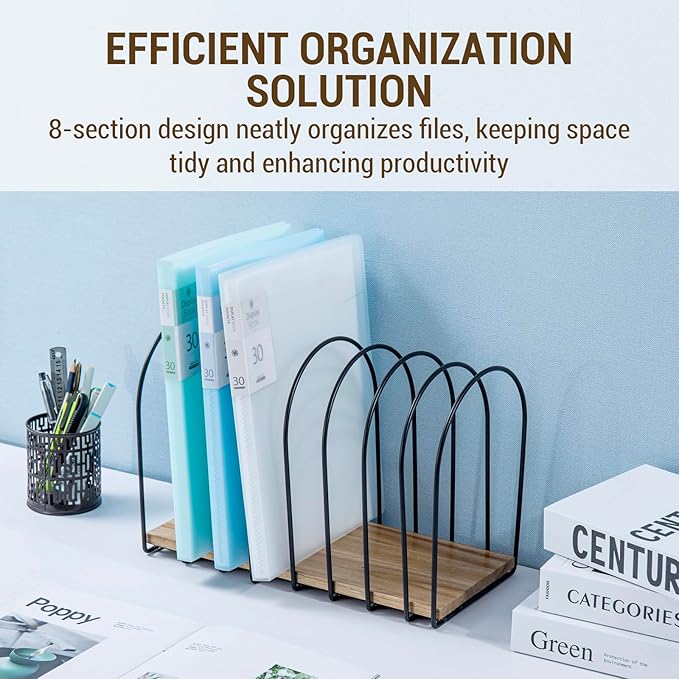 MyGift 14 Inch Large Desktop Document Holder, Premium Acacia Solid Wood and Black Metal Wire Arch 8 Section File Folder Storage Rack, Office Desk Organizer