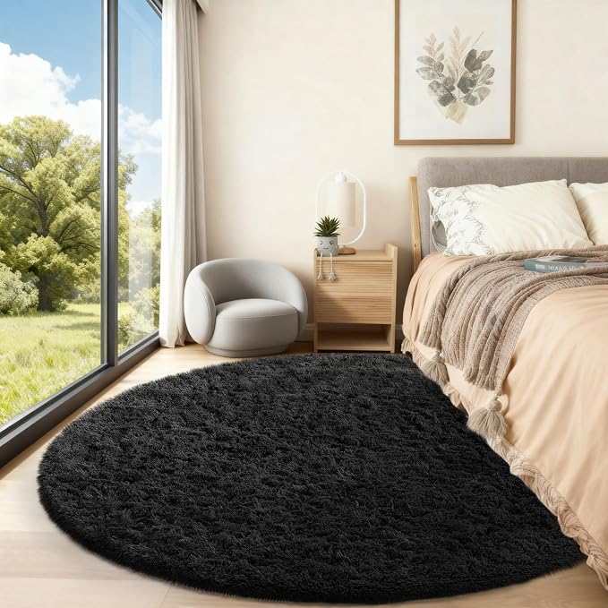 Ophanie Round Rug 6Ft Black Circle Area Rug, Room Decor for Men, Fluffy Fuzzy Bedroom Carpet, Plush Soft Shaggy Living Room Rugs for Kids Home Aesthetic, Nursery with Over 99 pcs Pile fibers