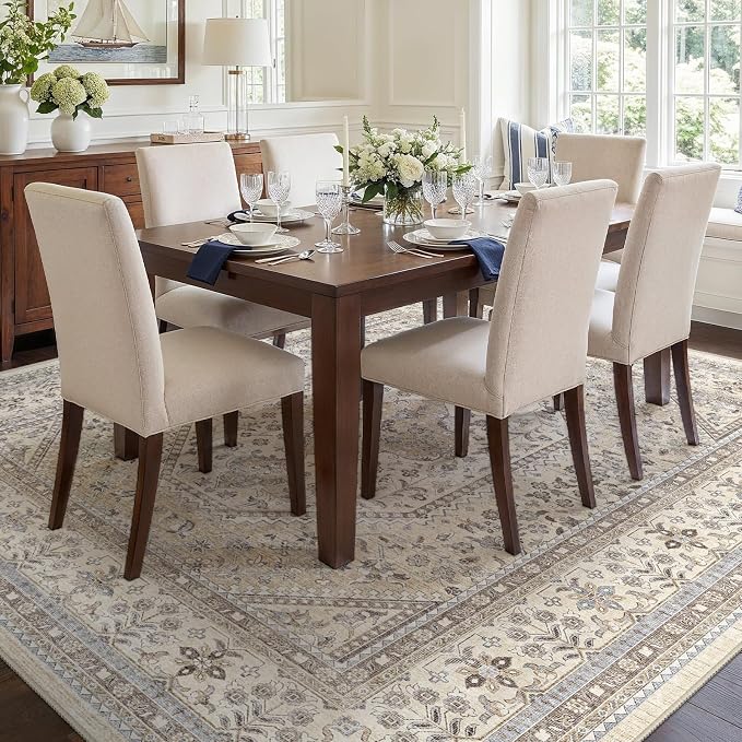 Puino 9x9 Square Area Rug - Washable Oriental Large Rugs for Living Room Soft Non-Slip Backing Indoor Carpet for Bedroom Low Pile Stain Resistant Floor Mat for Dinning Room Home Decor Beige/Gray