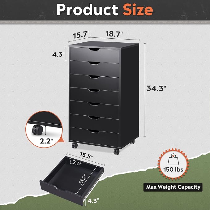DEVAISE 7-Drawer Office File Cabinets, Mobile Craft Storage Cabinet, Black | Wood Drawer Unit, Storage Cabinet, Rolling Cart, Printer Stand, Filing Cabinet with Drawers