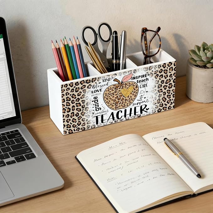 Leopard Print Teacher Wooden Pen Holder for Desk, Teacher Appreciation Gifts for Women, Educator Gifts Pencil Organizer Wooden Box Sign for School Office Classroom Decoration