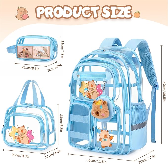 Capybara Theme Clear Backpack,Heavy Duty Transparent Backpack for Girls with Lunch Box Pencil Case,See Through Bookbag for Kids Teens Elementary Middle High School Stadium Approved