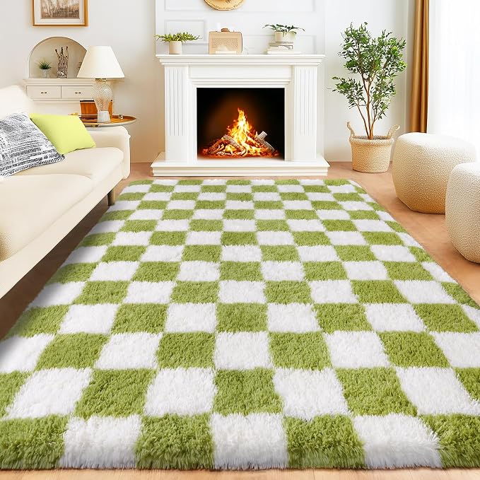 Area Rugs for Living Room 6x9, Ultra Fluffy Checkered Rug Fuzzy Shag Shaggy Carpets for Bedroom, Modern Non-Slip Indoor Soft Plush Furry Rug for Boy Girls Room Dorm Home Decor, Cream and Green
