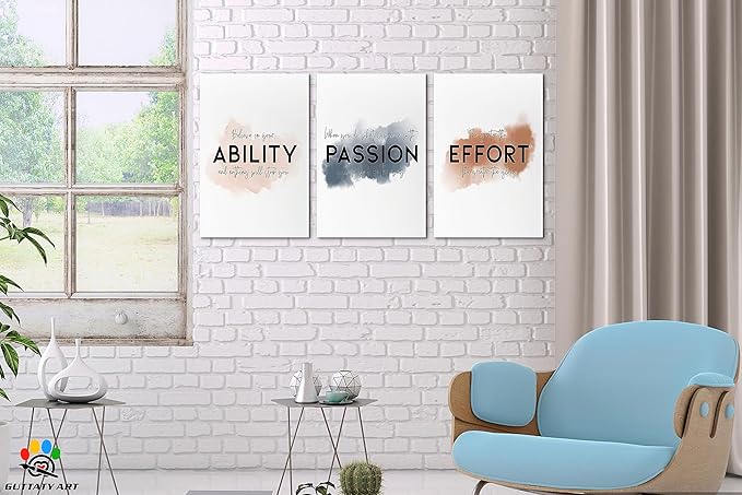 3 Piece Inspirational Wall Art - ABILITY PASSION EFFORT Motivational Quotes Canvas Print for Men Room Decor, Office Wall Art Pictures, Inspirational Poster Framed Artwork for School Decor 12”x18”x3Pcs