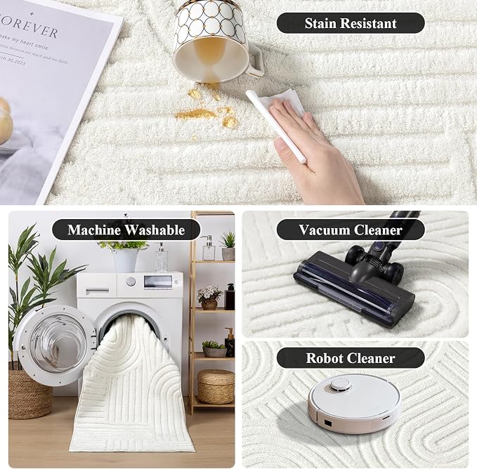 SHACOS Soft Cozy Fluffy Arch Pattern Runner Rugs 2x10 Cream White | High Low Pile Non Slip Washable Minimalist Area Rug Runner Modern Carpet for Living Room Bedroom Bathroom Hallway Kitchen