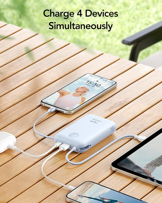 VIYISI Portable Charger 20000mAh 30W Fast Charging, Sky Blue Cute Power Bank with Built-in USB C & Lighting Cables, Compact Aesthetic Battery Pack Compatible with iPhone 17 16 15 Pro Max iPad, iPod