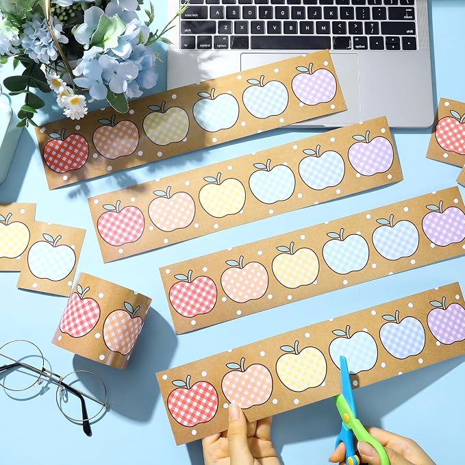 Zonon 65.6 Ft Kraft Bulletin Board Border Pastel Gingham Apple Themed Classroom Decor Straight Border Trim for Office Whiteboard Walls Desks Windows Doors Lockers