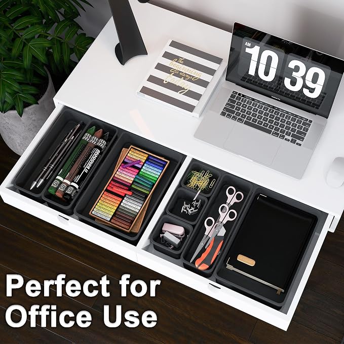 QUELIEN Desk Drawer Organizer Tray Set, 8PCS Plastic Drawer Organizer Bins for Office, Makeup, Kitchen - Gray Blue Desk Organizer with Flexible Interlocking Design for Efficient (Gray Blue, 8PCS)