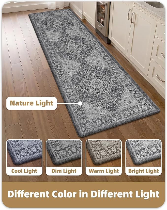 Color&Geometry Kitchen Floor Mat 24x87 Faded Vintage Anti Fatigue, Grey | 0.4in Cushion Standing Mat For Cooking/Working/Laundry, Boho Decor, Non Slip PVC Kitchen Rug, Oil/Water Proof, Anti Slip