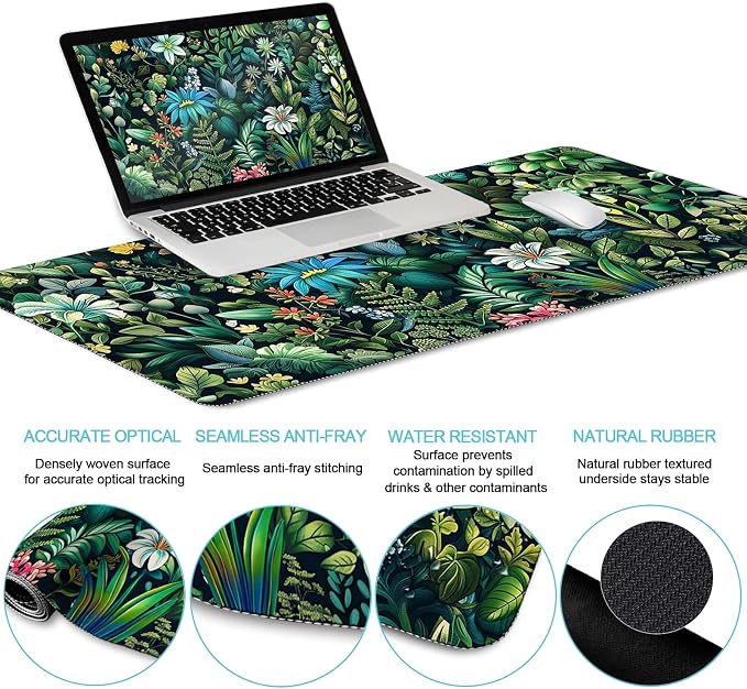 LIMKRIAN Floral Mouse Pad Large Desk Mat Set, Green Ergonomic Mouse Pad with Wrist Rest Keyboard Wrist Support XXL Mousepad Cup Coaster Set, Cute Green Office Desk Accessories Decor Supplies