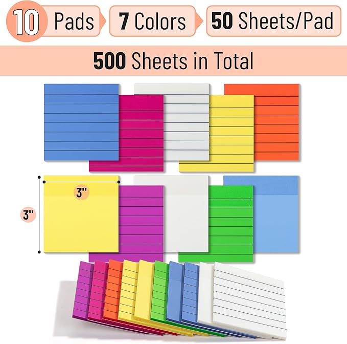 Mr. Pen- Transparent Sticky Notes, 3"x3", 10 Pads, 7X Lined, 3X Blank, 500 Sheets, Vibrant Colors, Lined Transparent Sticky Notes Lines, Back to School Supplies, Stocky Notes for Bible Journaling