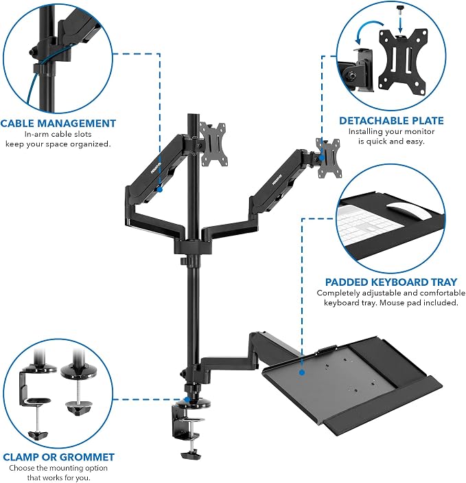 Mount-It! Dual Monitor Arm Desk Mount Sit-Stand Workstation with Keyboard Tray, Height Adjustable Gas Spring, Fits Two 17–32” Screens, 17.6 lbs Each, VESA 75x75 100x100, Clamp or Grommet (Black)