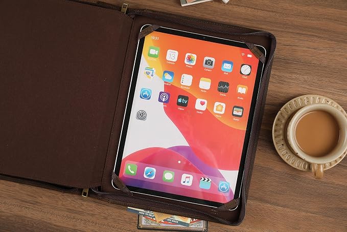 Leather Portfolio for 13 inch iPad Pro M4 (2024), Business Tablet Portfolio for Men, Personalized Padfolio, Engraved Portfolio Folder for A4 Notepad (Dark Khaki, Custom)