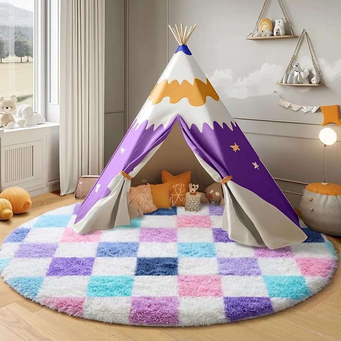 KICMOR Purple Rainbow Round Rug for Bedroom Girls, Cute Fluffy Soft 4ft Circle Area Rug Small Fuzzy Shag Shaggy Living Room Carpet, Circular Checkered Rug for Kids Room Home Decor Aesthetic, Nursery