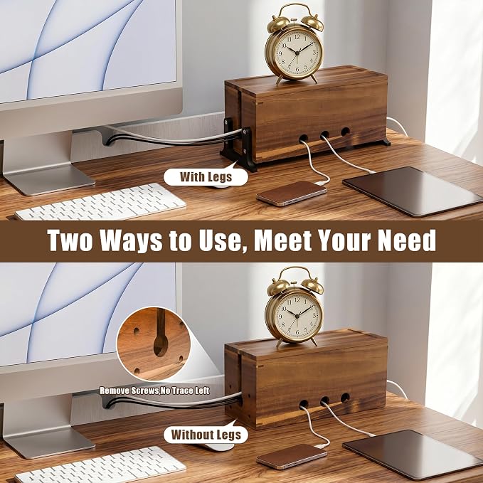 Extra Large Acacia Wood Cable Management Box, Pet Child Safe Cord Hider | Home Decor Cord Organizer, Sturdy Cable Hider Box for Power Strip, TV Wires, Desk & Floor & Office Under Desk Cable