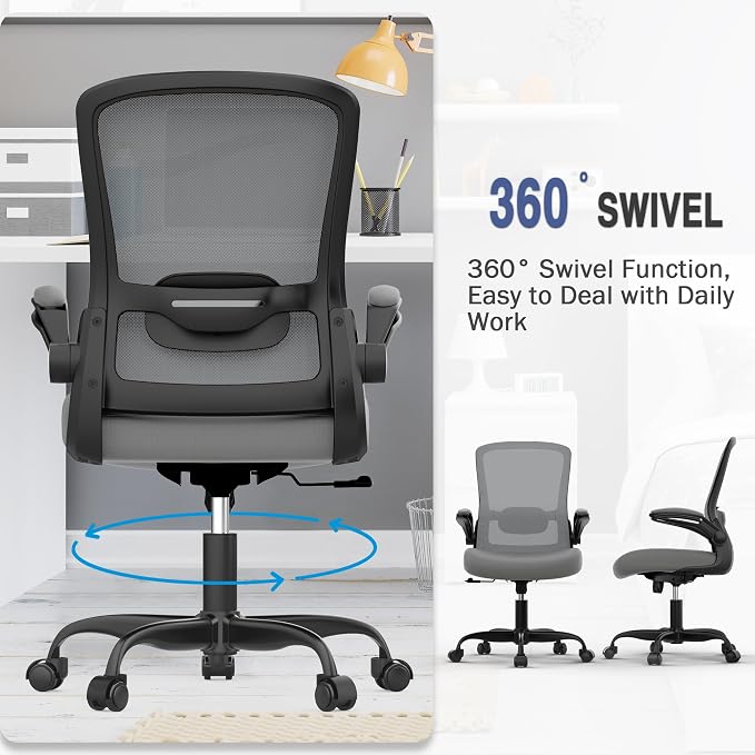 Mimoglad Ergonomic Office Chair - Desk Chair with Flip-up Armrests & 135° Recline, Adjustable Lumbar Support - Space-Saving Task Chair for Business/Team Office & Home | Supports 300 lbs · Seat 19.48"–23.4" · Breathable mesh · 20–30 min assembly · 5-yea...