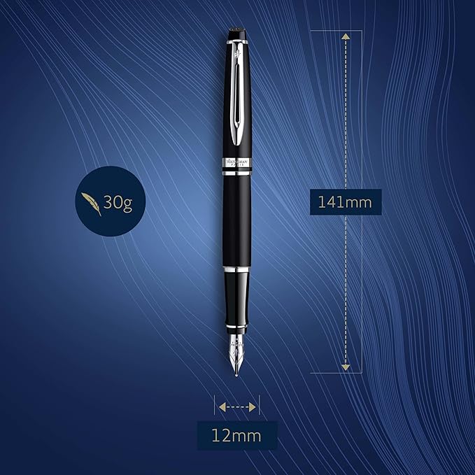 Waterman Expert Fountain Pen, Matte Black with Chrome Trim, Fine Nib with Blue Ink Cartridge, Gift Box