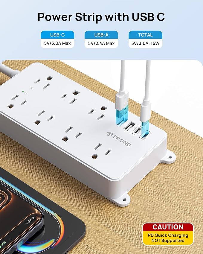 TROND Surge Protector Power Strip with 360° Rotating Plug, 7 Widely-Spaced Outlets, 2 USB-A and 2 USB-C, ETL Listed, Flat Plug 5ft Extension Cord, Wall Mountable, 1700J, for Home Office Garage, White