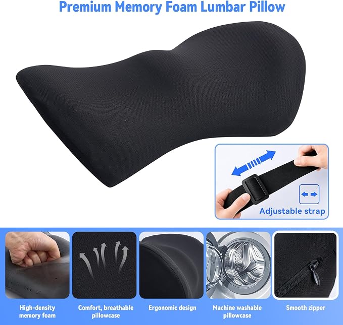 Lumbar Support Pillow for Office Chair and Car Seat, Lumbar Pillow with Adjustable Strap, Memory Foam Back Pillow for Lower Back Pain Relief, Back Support Pillow for Sitting, Driving, Traveling