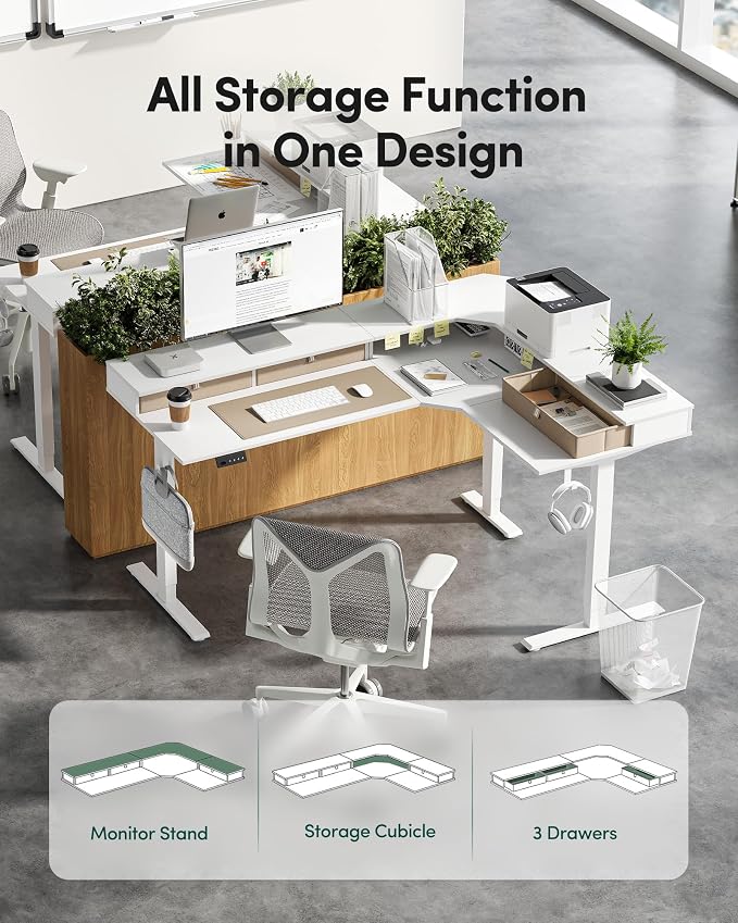 FEZIBO L Shaped Electric Standing Desk, 63 x 48 inch Large with Drawers | Reversible Tabletop, 2 Memory Height Settings | Home Office & Gaming Height-Adjustable Table, White（2 Packages）