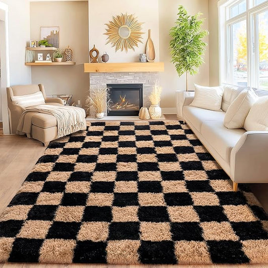 Area Rugs for Living Room Bedroom 9x12, Ultra Fluffy Shag Checkered Rug Modern Washable Carpet Soft Shaggy Non Slip Indoor Plush Fuzzy Rugs for Bedroom Dorm Office Home Aesthetic Decor, Black & Beige