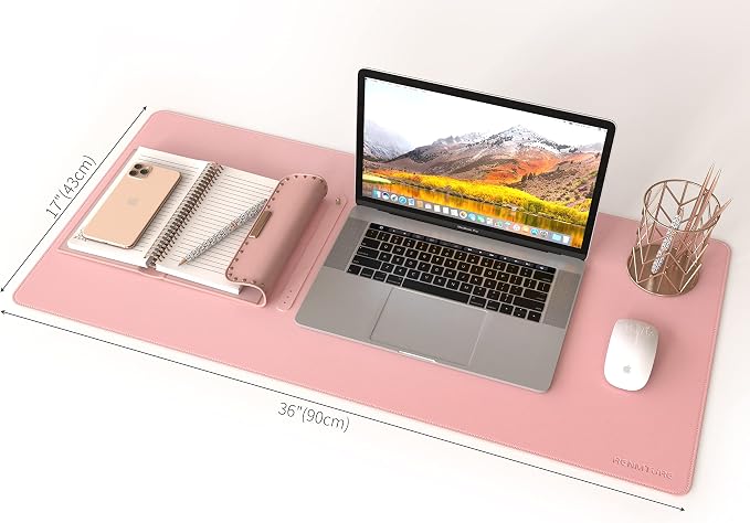 RENMTURE Dual-Sided Mouse Pad, Natural Cork & PU Leather Large Desk Pad for Office and Home Work, Desk Protector Non-Slip, Waterproof, Easy Clean (Pink, 36"x17")