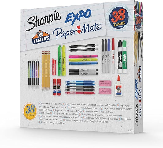 Sharpie School Supplies Kit Highlighters Mechanical Pencils Glue Sticks Erasers Permanent Markers Gel Pens Pencils School Glue and more from Sharpie Elmer’s Paper Mate & Expo 38 pieces