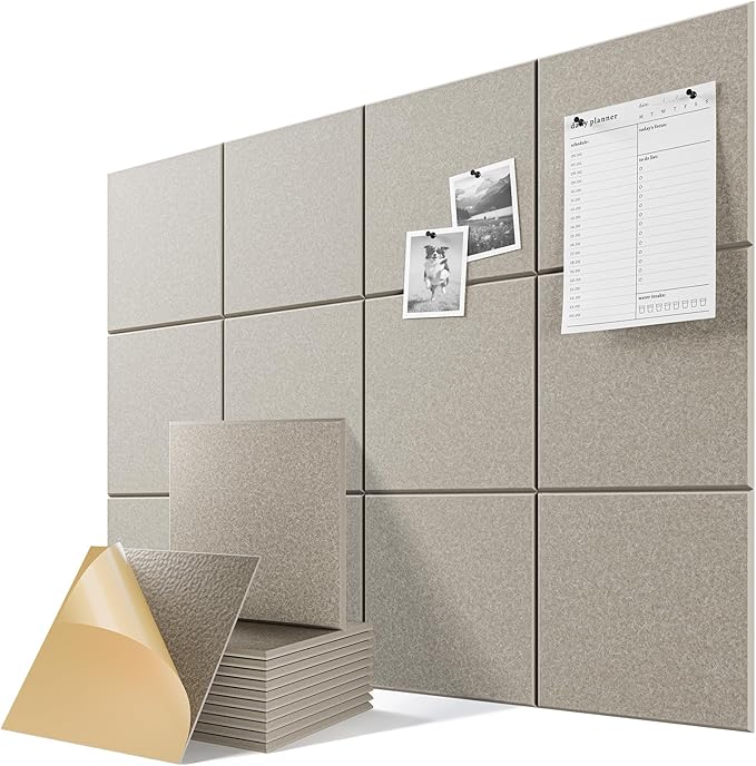 6-Pack Self-Adhesive Acoustic Panels, 12" X 12" X 0.4" High-Density Sound Proof Foam Panels for Walls, 36" x 24" Felt Bulletin Board, Soundproof Wall Panels for Home & Office (Camel)