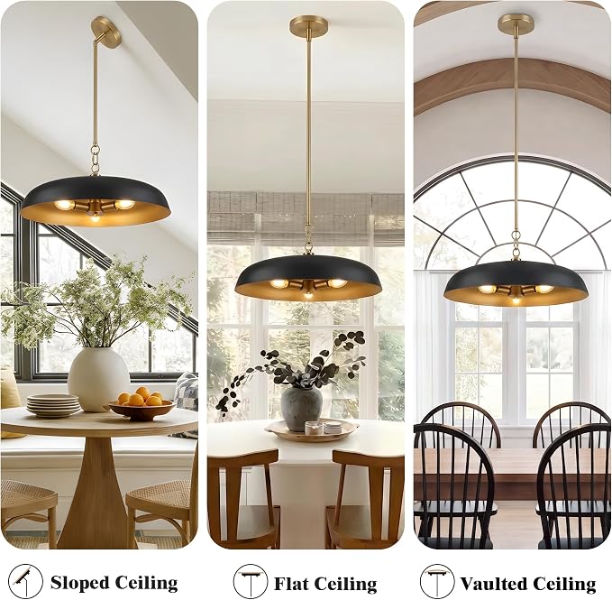 Large Pendant Lights Kitchen Island 20.4in, Black Gold Dining Room Fixture | 3-light hanging dome chandelier, modern all-metal frame, adjustable 18-54in downrod, E12 40W base, for over table bar cafe