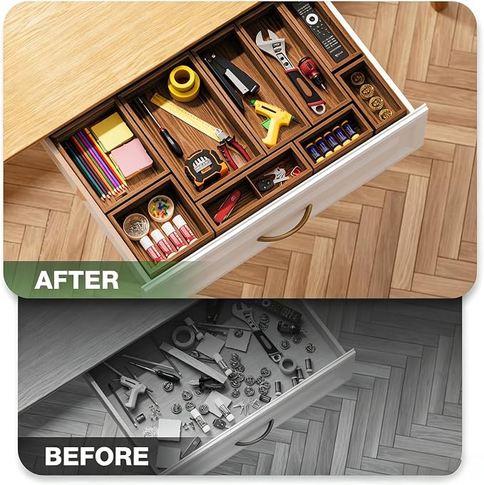 9-Pack Solid Wood Junk Drawer Organizer, Modular Desk Drawer Tray & Accessories with Non-Slip Pad, Multi-Use for Kitchen, Office, Bedroom Dresser, Utensil, Makeup, Stationery, Tea Bags & Coffee Pod