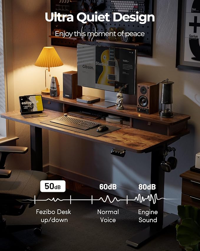 FEZIBO 60 x 24 Inch Height Adjustable Electric Standing Desk with Double Drawer, Stand up Home Office Computer Desk with 4 Height-Adjustable Feets & 2 Hooks, Rustic Brown